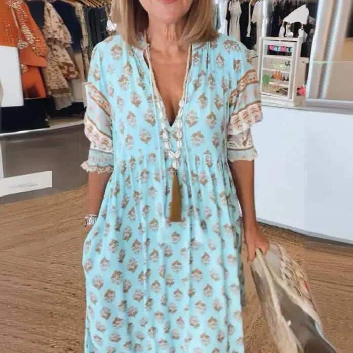 Robe Élégante à Col en V et Manches Lanterne