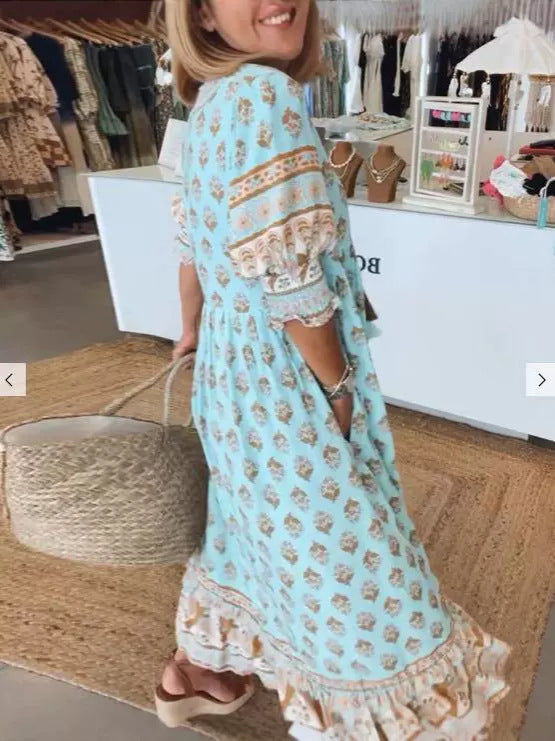 Robe Élégante à Col en V et Manches Lanterne