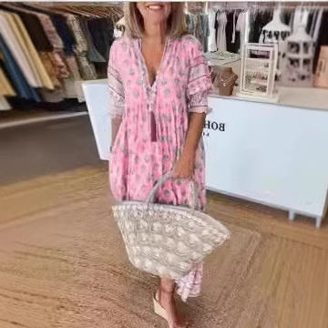 Robe Élégante à Col en V et Manches Lanterne